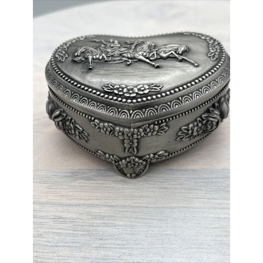 Pewter Heart Shaped Jewelry Box Horses‎ Flowers Trinket from Dubai